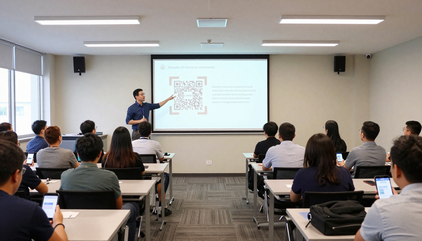 Corporate presenter pointing to a projection screen showing a QR code while attendees scan with phones