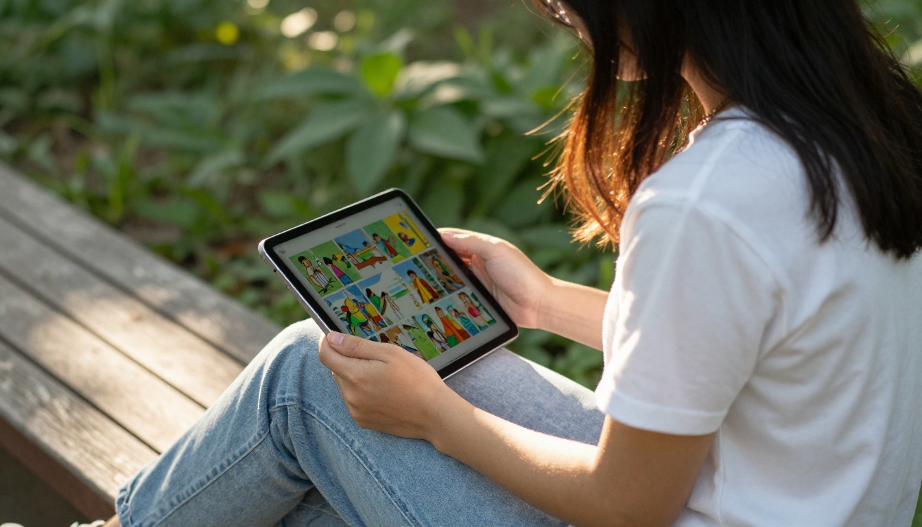 Woman browsing a flipbook outdoors on her iPad in dappled sunlight