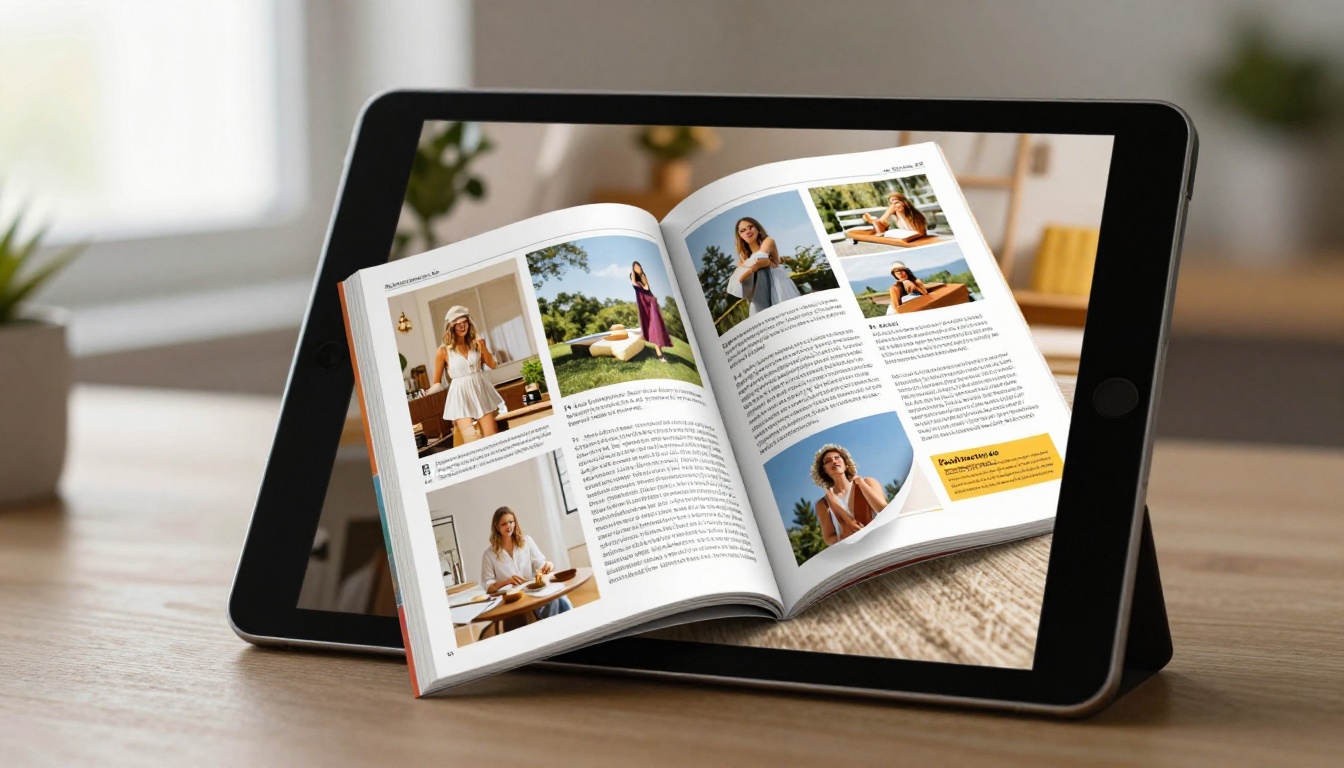 Close-up macro of iPad screen showing flipbook mid-page-turn animation