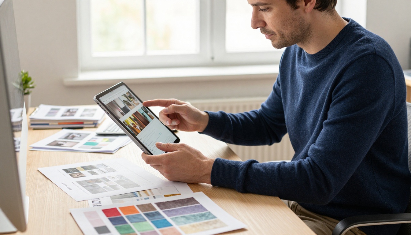 Creative professional holding iPad showing document conversion at his desk