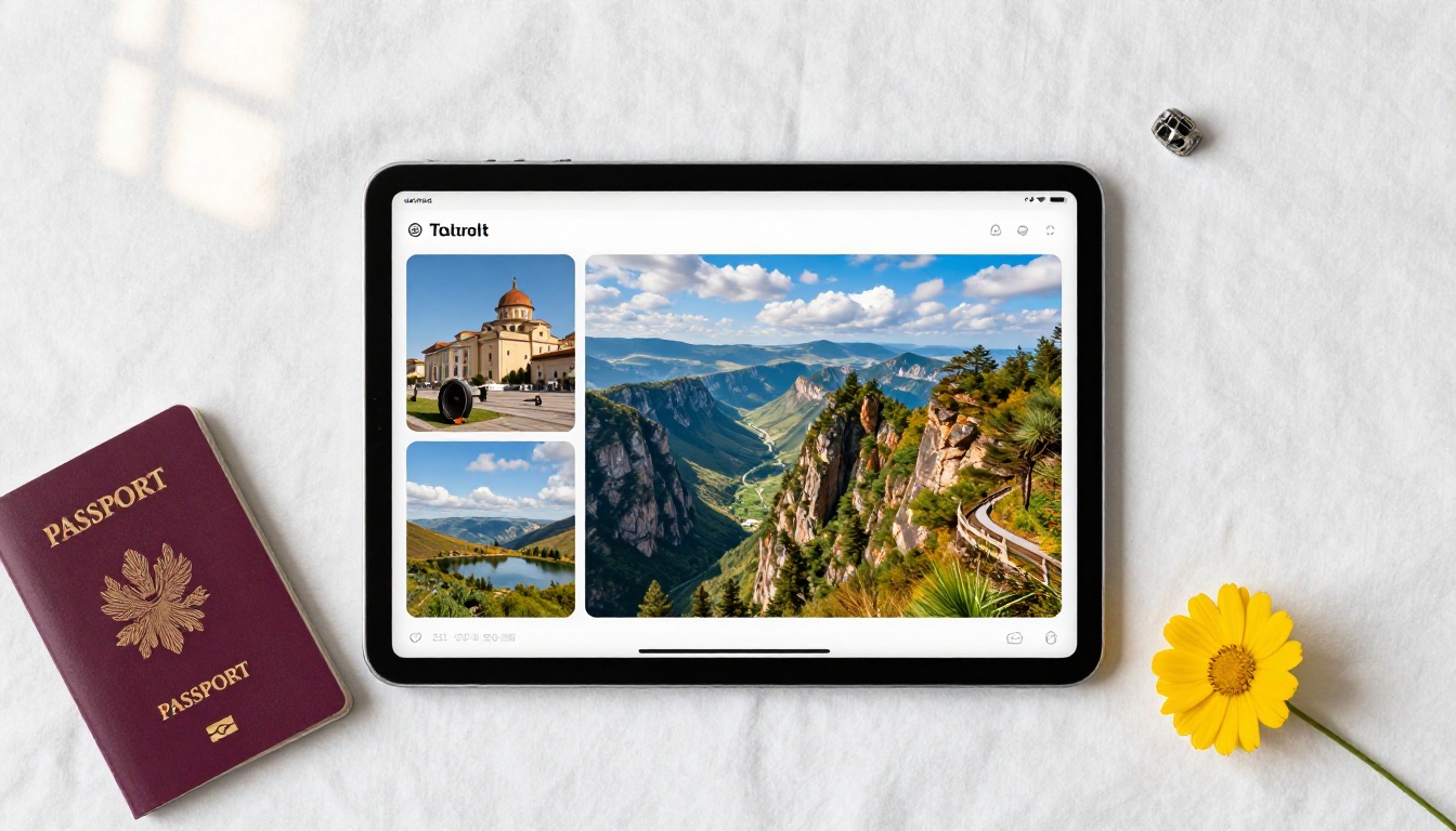 Flat lay of iPad displaying travel photo flipbook on white linen with passport and flower
