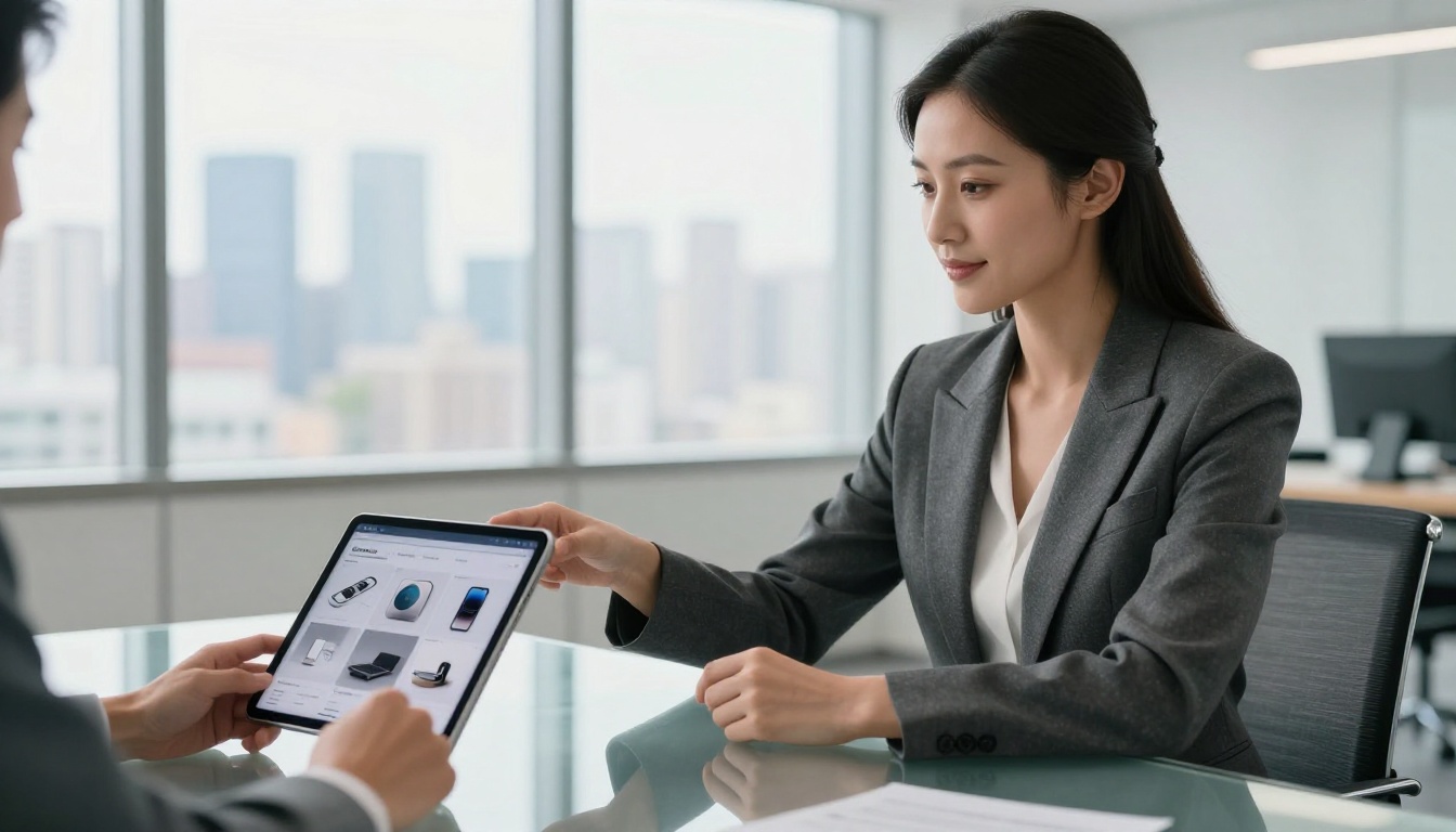 Professional woman presenting iPad flipbook to colleague in modern office