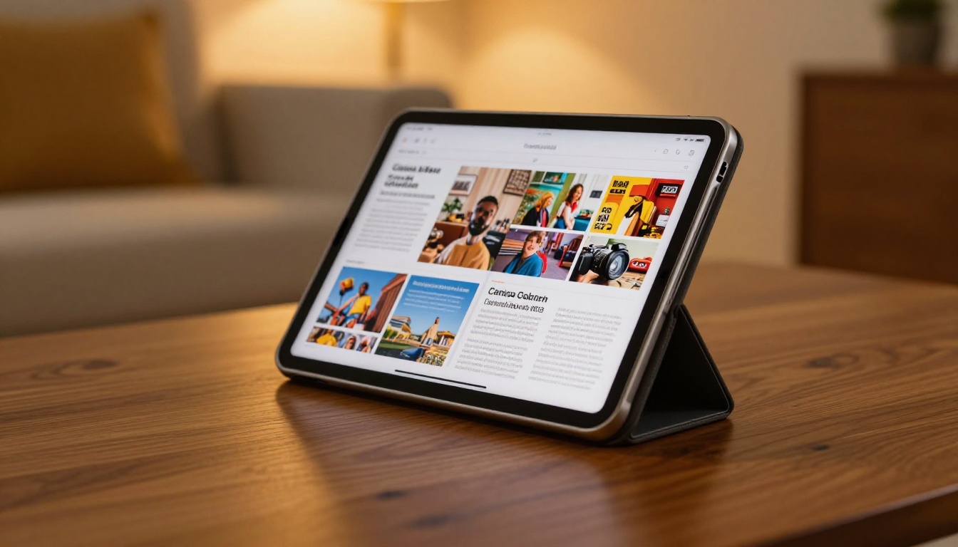 iPad on wooden coffee table displaying magazine-style flipbook in warm living room light