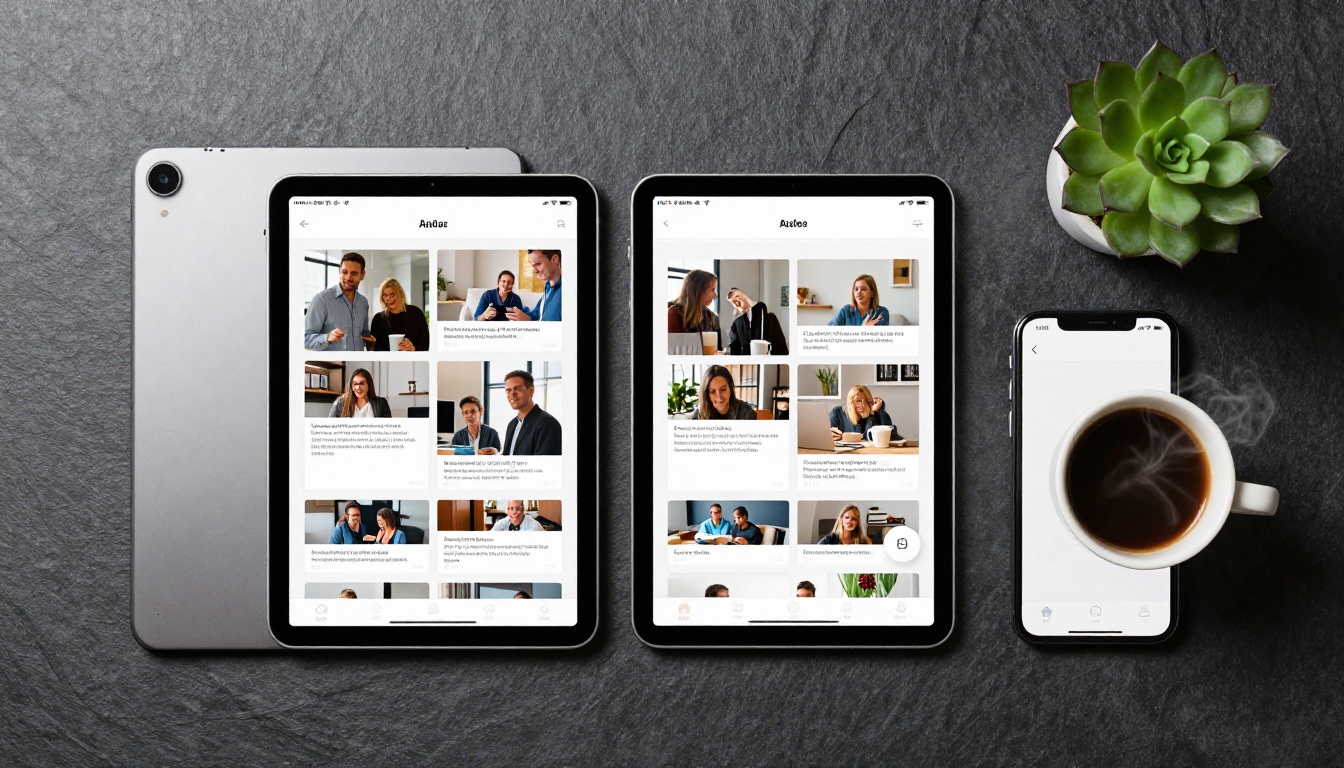 iPad and iPhone side by side on slate surface both displaying the same flipbook layout