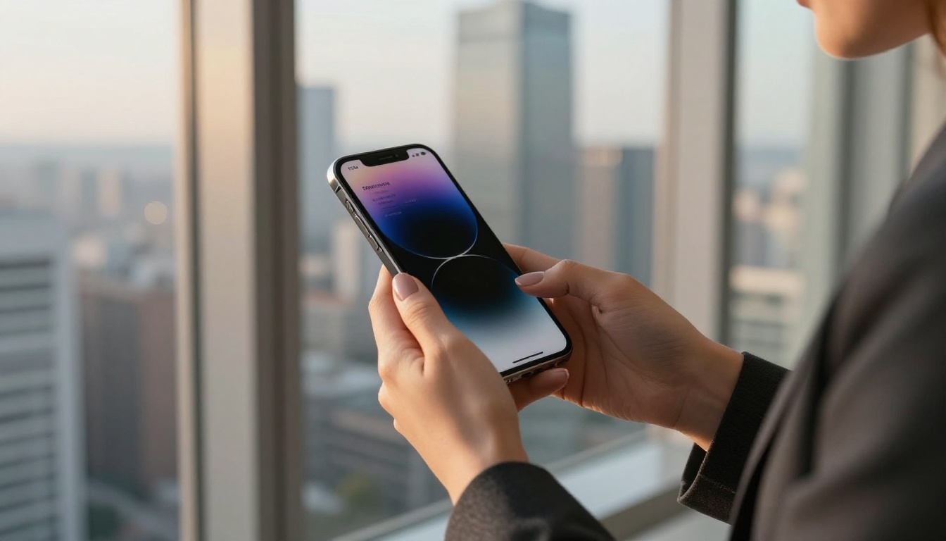 Young professional sharing resume on smartphone near city window
