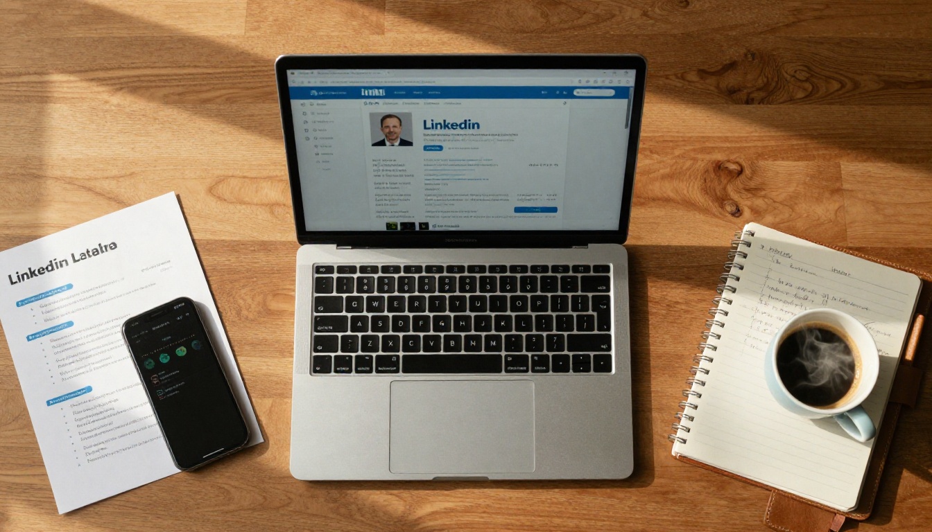 LinkedIn profile and resume flat lay on wooden desk