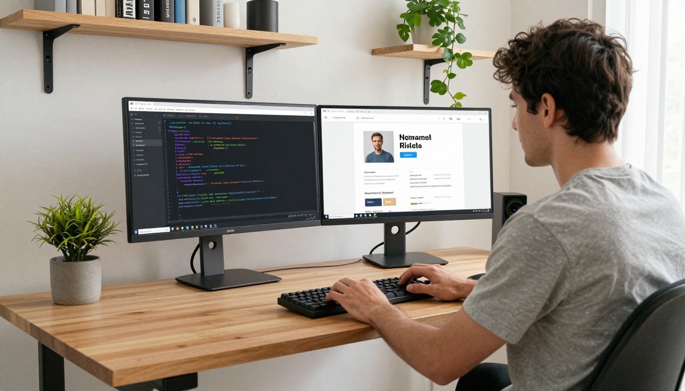 Developer building personal portfolio website on dual monitors Developer building personal portfolio website on dual monitors