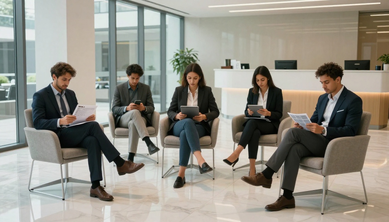 Diverse job candidates waiting in bright corporate lobby Diverse job candidates waiting in bright corporate lobby