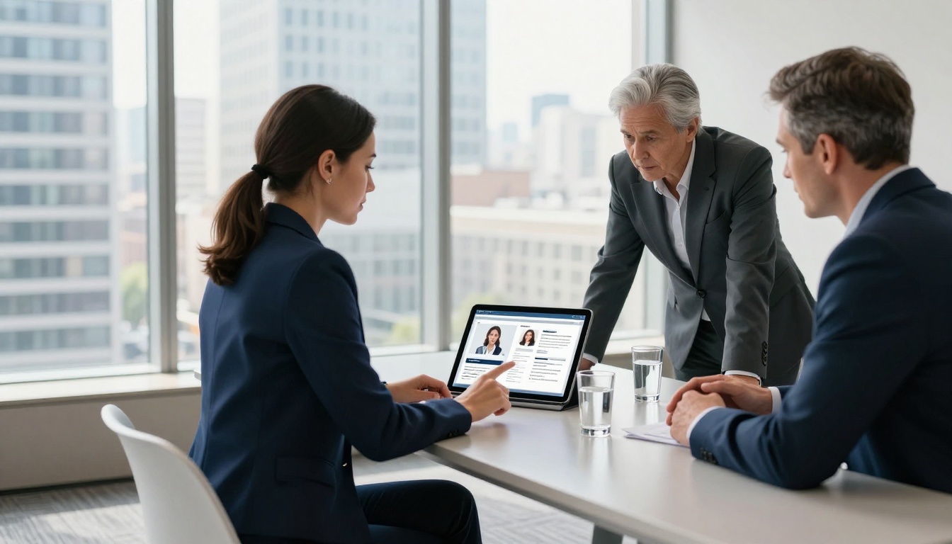 Professional confidently presenting digital resume in job interview Professional confidently presenting digital resume in job interview