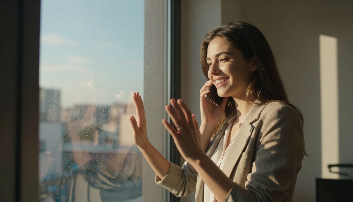 Young professional celebrating job offer news at apartment window Young professional celebrating job offer news at apartment window