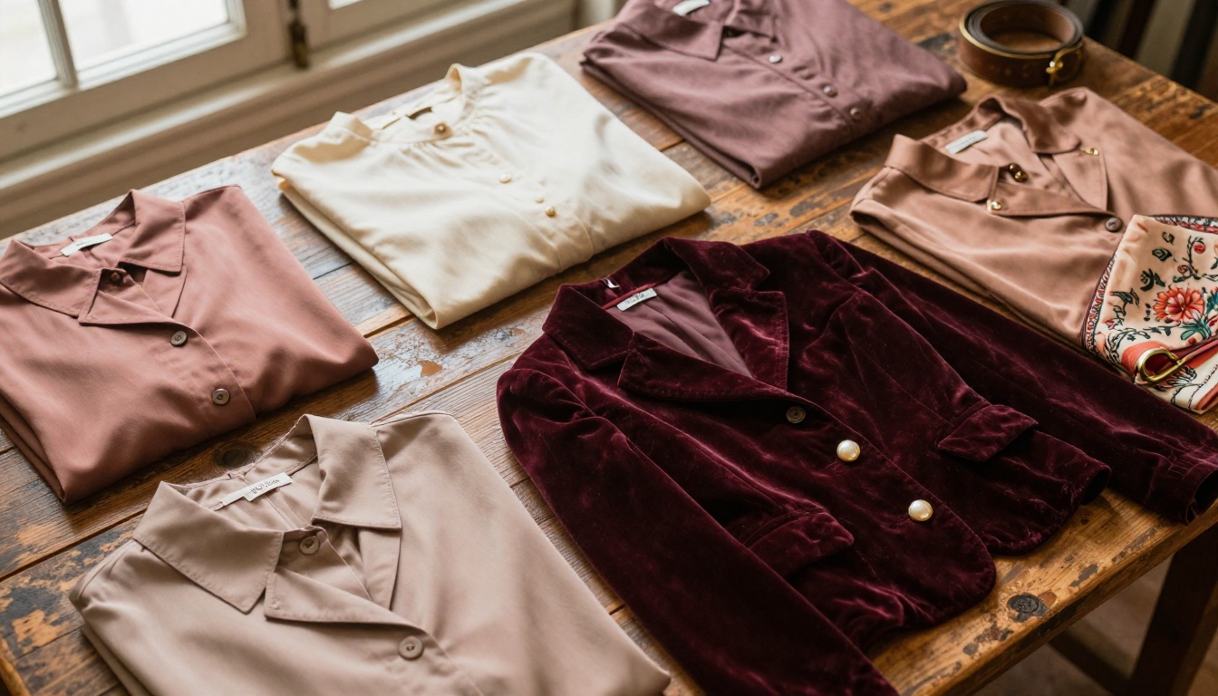 Vintage clothing items beautifully arranged in a flat lay on reclaimed oak