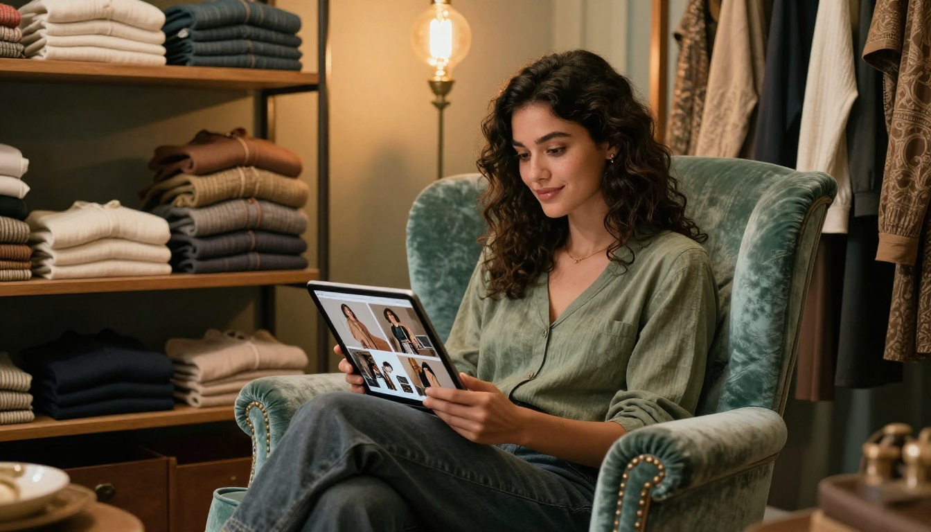 Woman sitting in a boutique armchair browsing a digital vintage catalog on her tablet