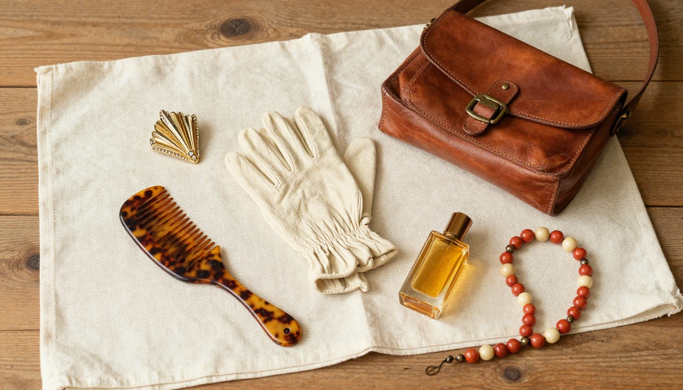 Flat lay of vintage accessories arranged on ivory linen cloth