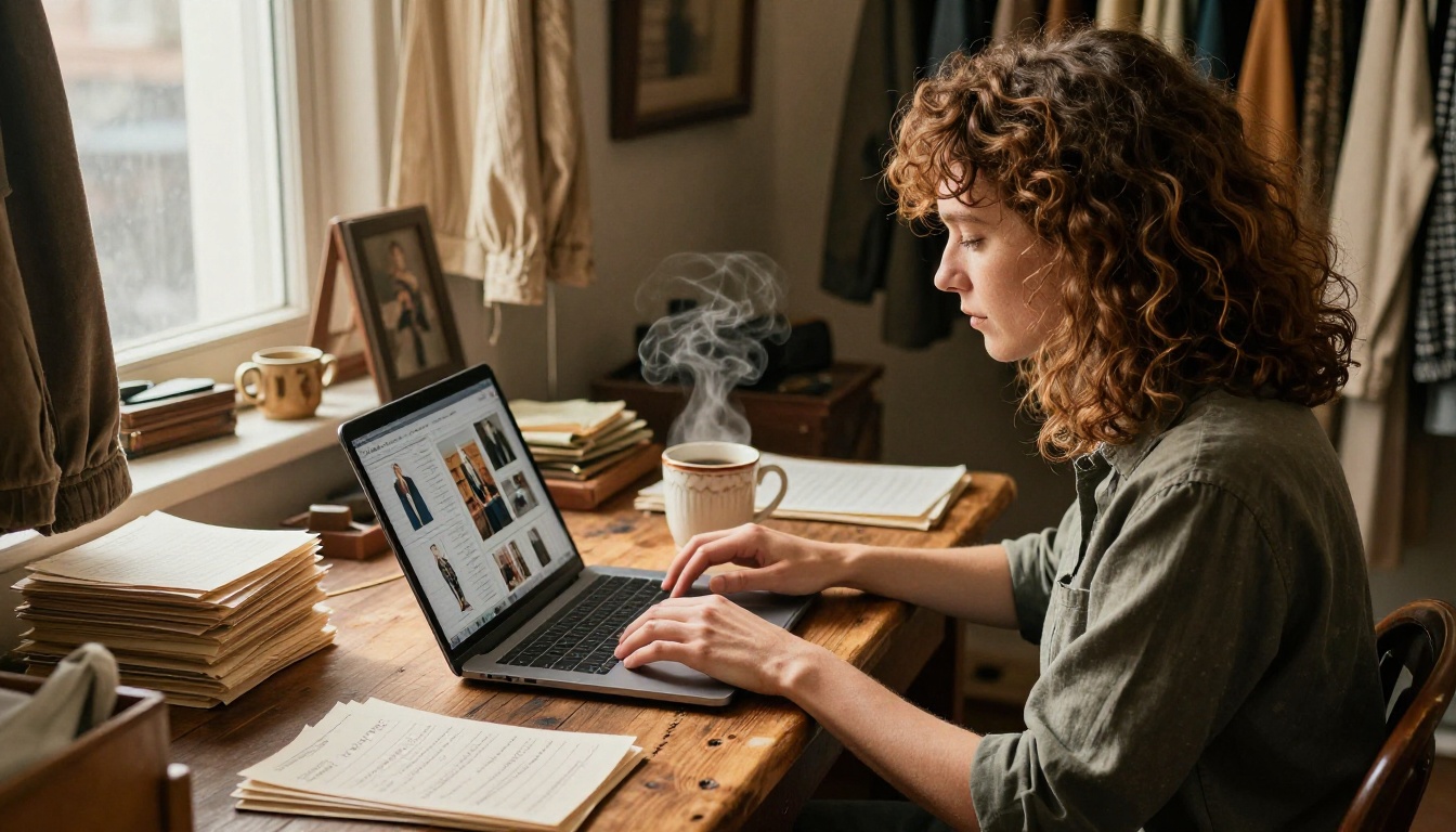 Vintage store owner with curly hair designing a catalog layout on a laptop at a rustic wooden desk