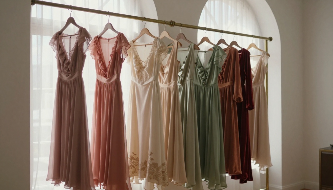 Row of vintage dresses in dusty rose sage green and terracotta hanging on antique brass rack