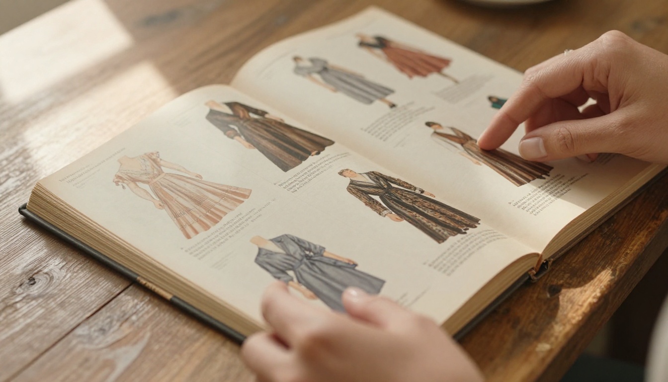 Close-up of hands gently turning pages of a printed vintage clothing catalog