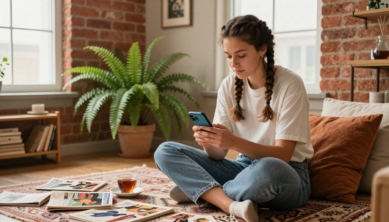 Young woman with braided hair scrolling through a digital vintage lookbook on her smartphone