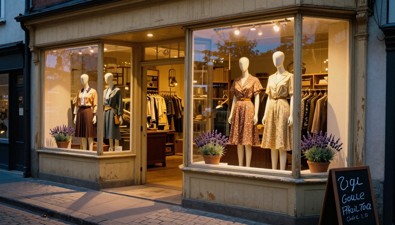 Charming vintage boutique storefront glowing at golden hour on a quiet cobblestone street