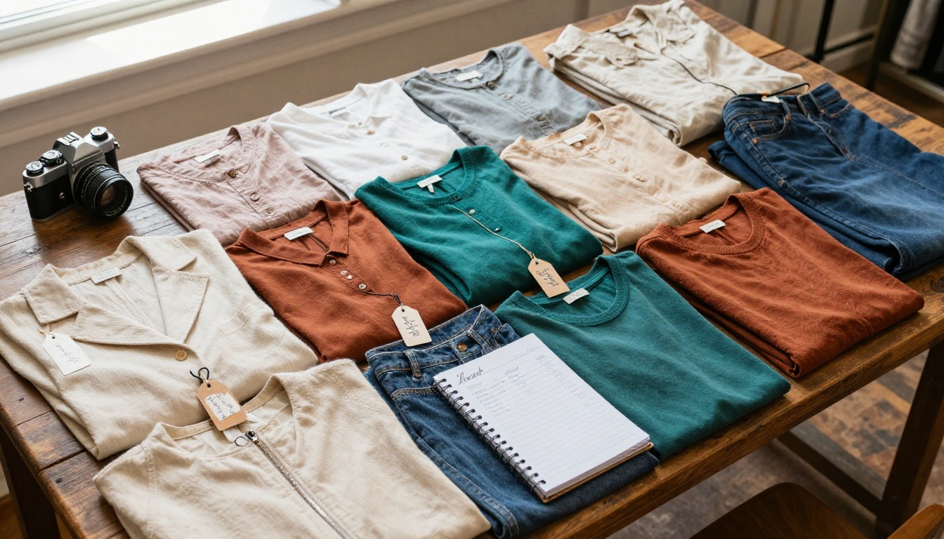 Overhead view of vintage store inventory organized by color on a large reclaimed wood table