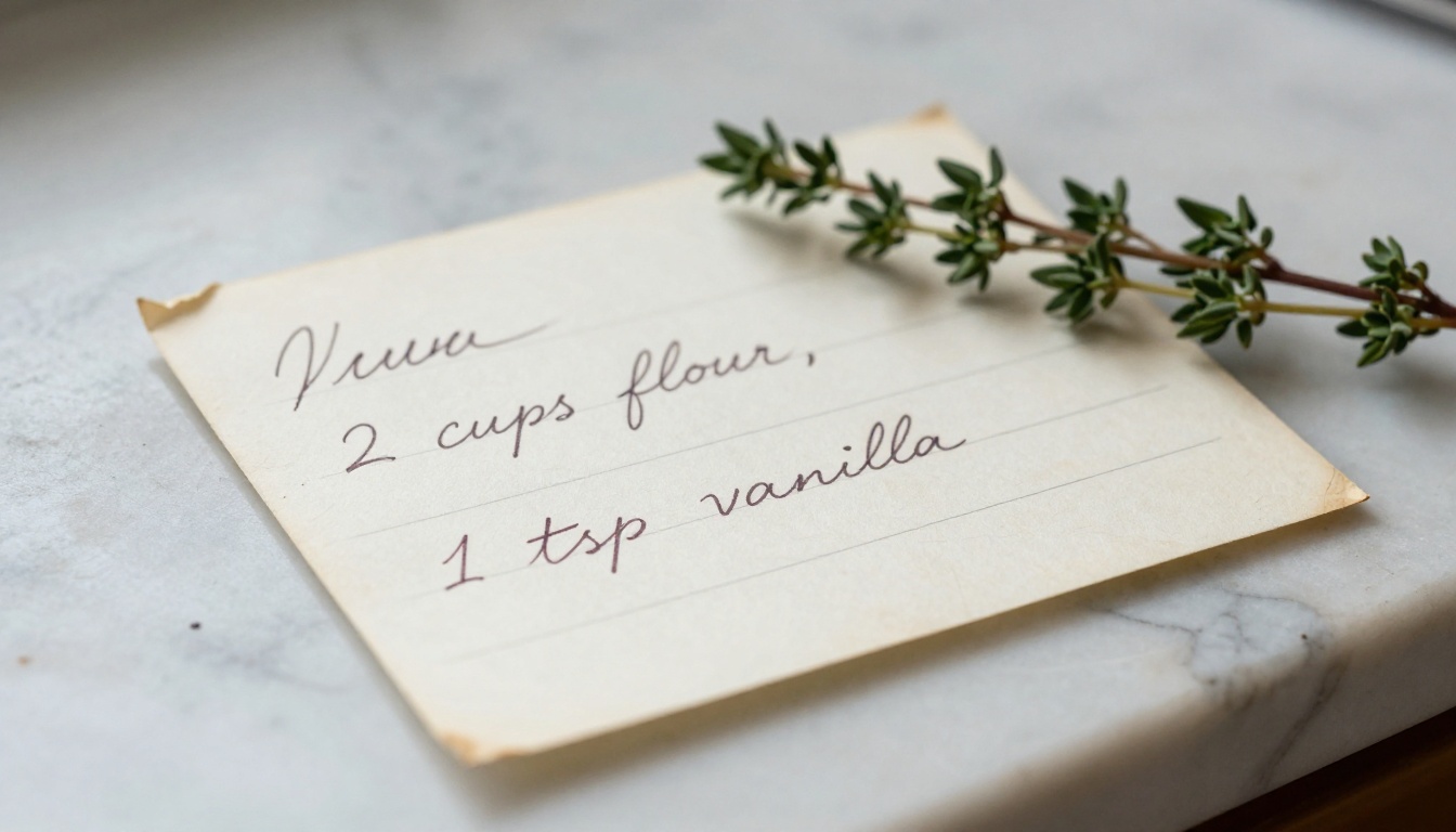 Handwritten recipe card close-up on marble countertop with fresh thyme sprig