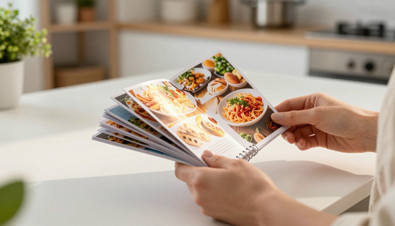 Hands flipping through a professionally printed recipe card flipbook on a kitchen island