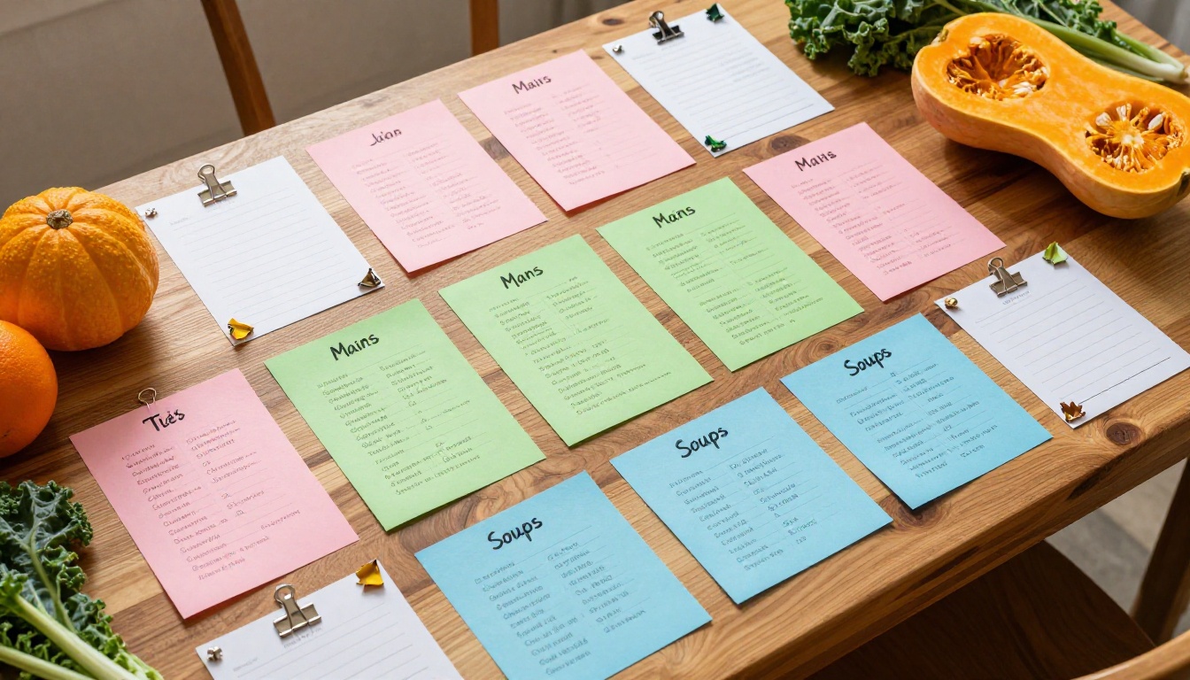 Aerial view of color-coded recipe cards organized by category on a wooden table