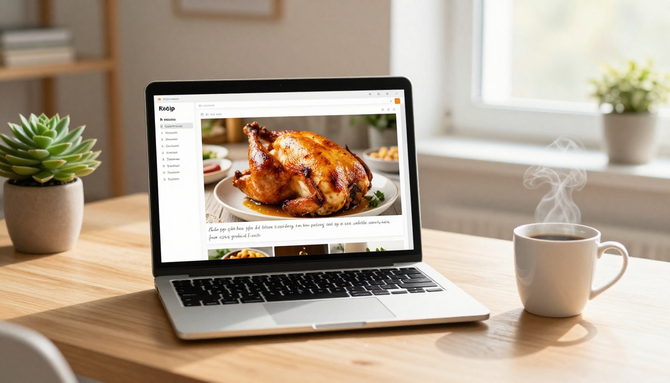 Laptop on a wooden desk displaying a digital recipe flipbook on screen
