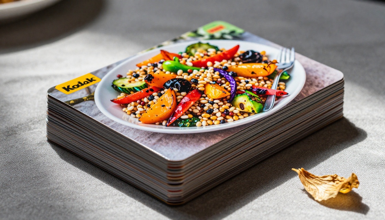 Stack of professionally printed recipe cards with vibrant full-bleed food photography