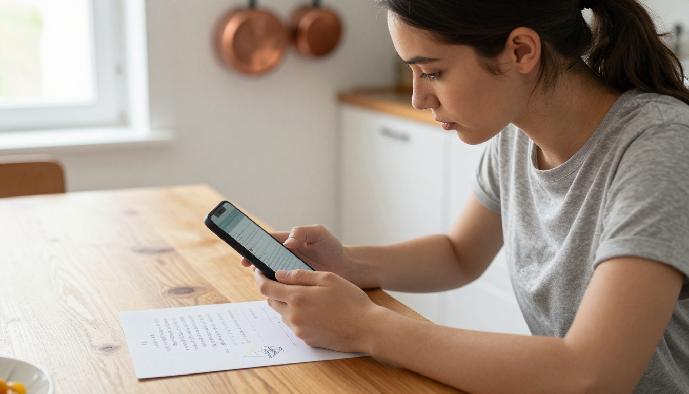 Young woman scanning a recipe card with her smartphone at a kitchen table