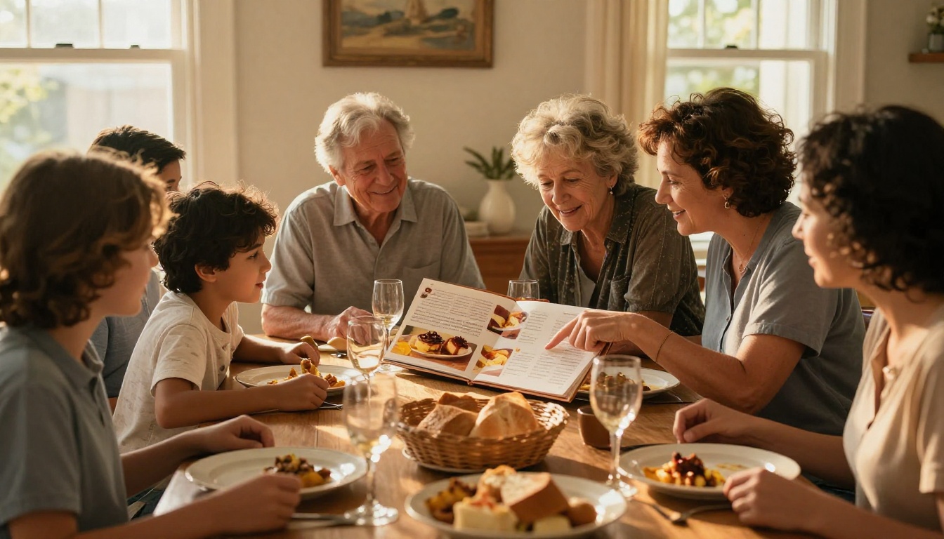 Multigenerational family gathered around a dining table sharing a recipe card flipbook