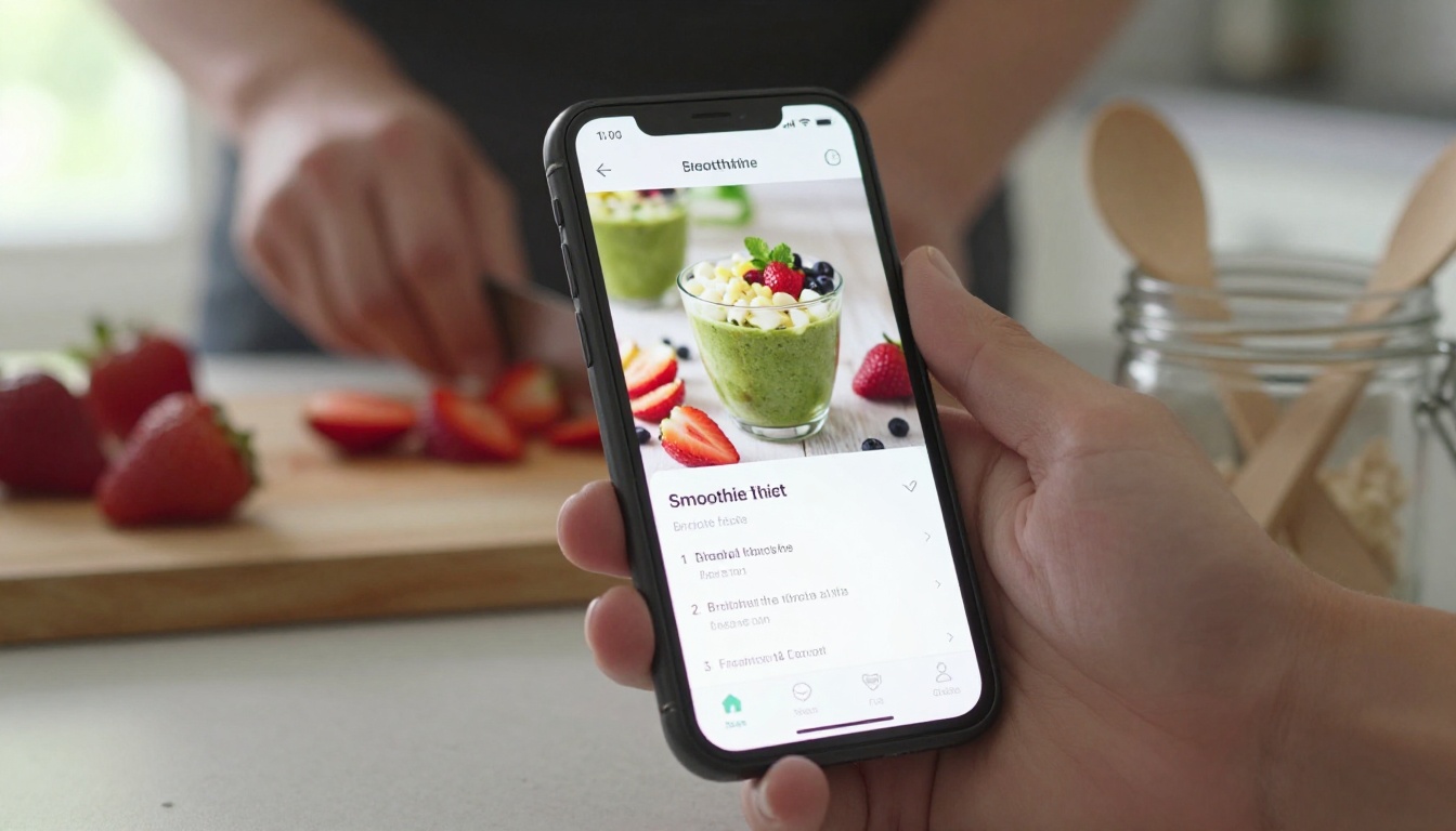 Smartphone propped on kitchen counter showing a digital recipe flipbook while cooking