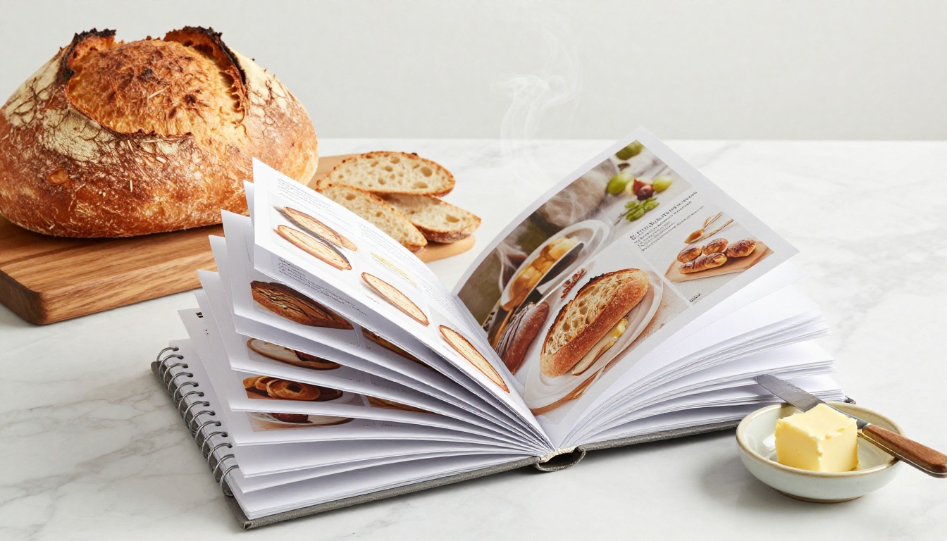 Finished spiral-bound recipe card flipbook beside freshly baked sourdough bread on marble