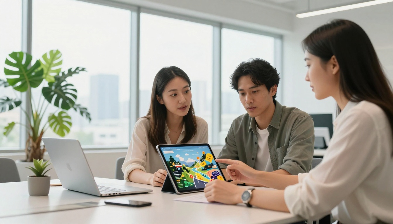 Travel blogger pitching to brand representatives with an interactive flipbook portfolio on tablet