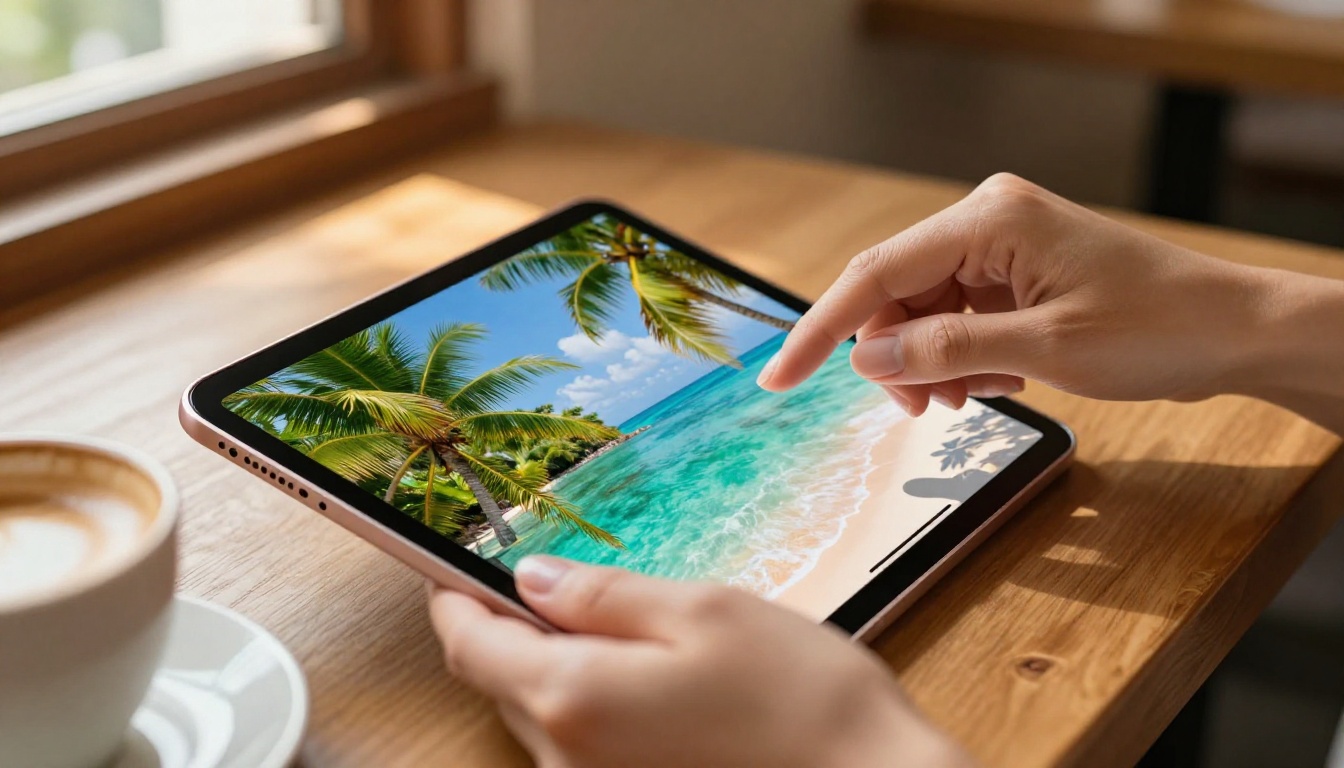 Close-up of hands swiping through a digital travel flipbook on an iPad