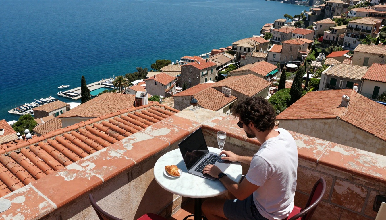 Aerial view of travel blogger working at a Mediterranean balcony cafe with coastal town below