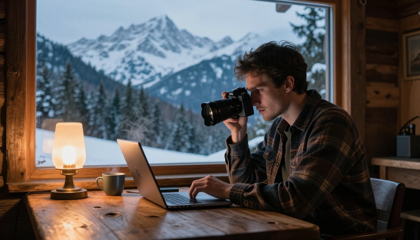 Travel photographer reviewing portfolio content in a mountain cabin with snowy peaks outside