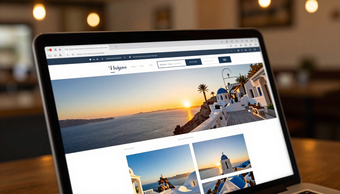 Close-up of laptop screen displaying an interactive digital flipbook portfolio with travel photography Close-up of laptop screen displaying an interactive digital flipbook portfolio with travel photography