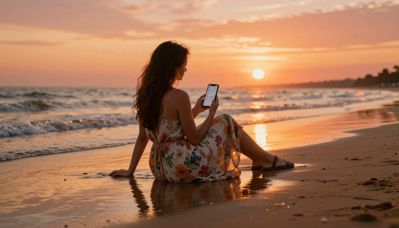 Travel blogger reviewing analytics on phone while sitting on golden sand at sunset