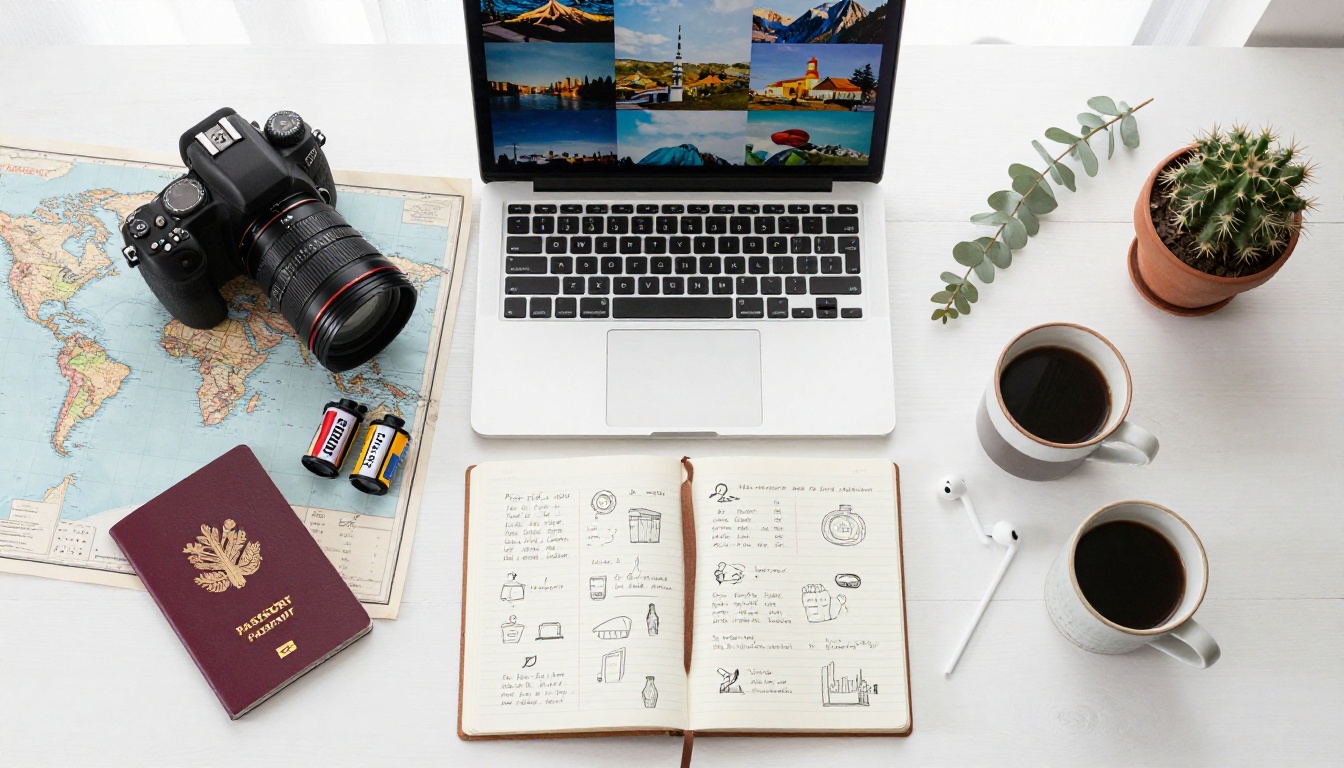 Overhead flat lay of travel blogger workspace with DSLR camera, world map, passport, and coffee Overhead flat lay of travel blogger workspace with DSLR camera, world map, passport, and coffee