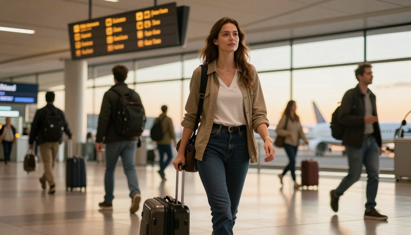 Confident travel blogger walking through international airport terminal with camera bag and luggage Confident travel blogger walking through international airport terminal with camera bag and luggage