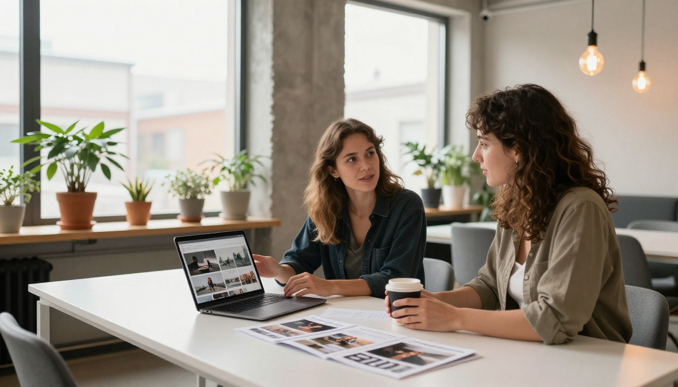 Travel blogger presenting digital media kit on laptop to collaborator in minimalist co-working space Travel blogger presenting digital media kit on laptop to collaborator in minimalist co-working space