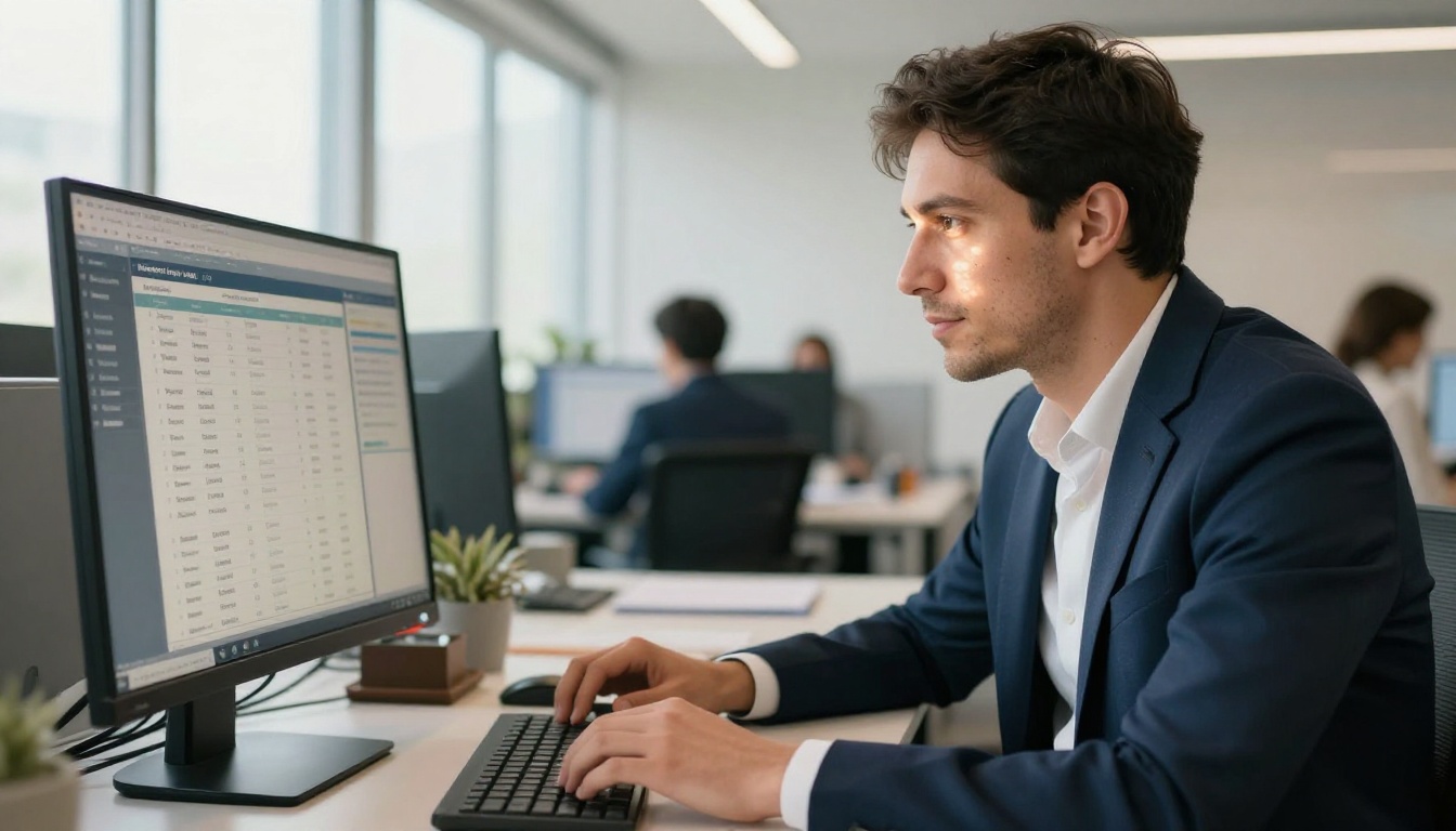 Professional man in corporate office reviewing annual report flipbook on widescreen monitor Professional man in corporate office reviewing annual report flipbook on widescreen monitor