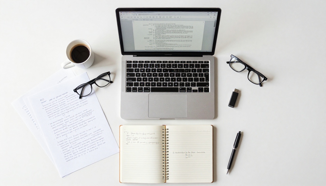 Aerial flat lay of designer workspace with PDF chapter outlines and notebook