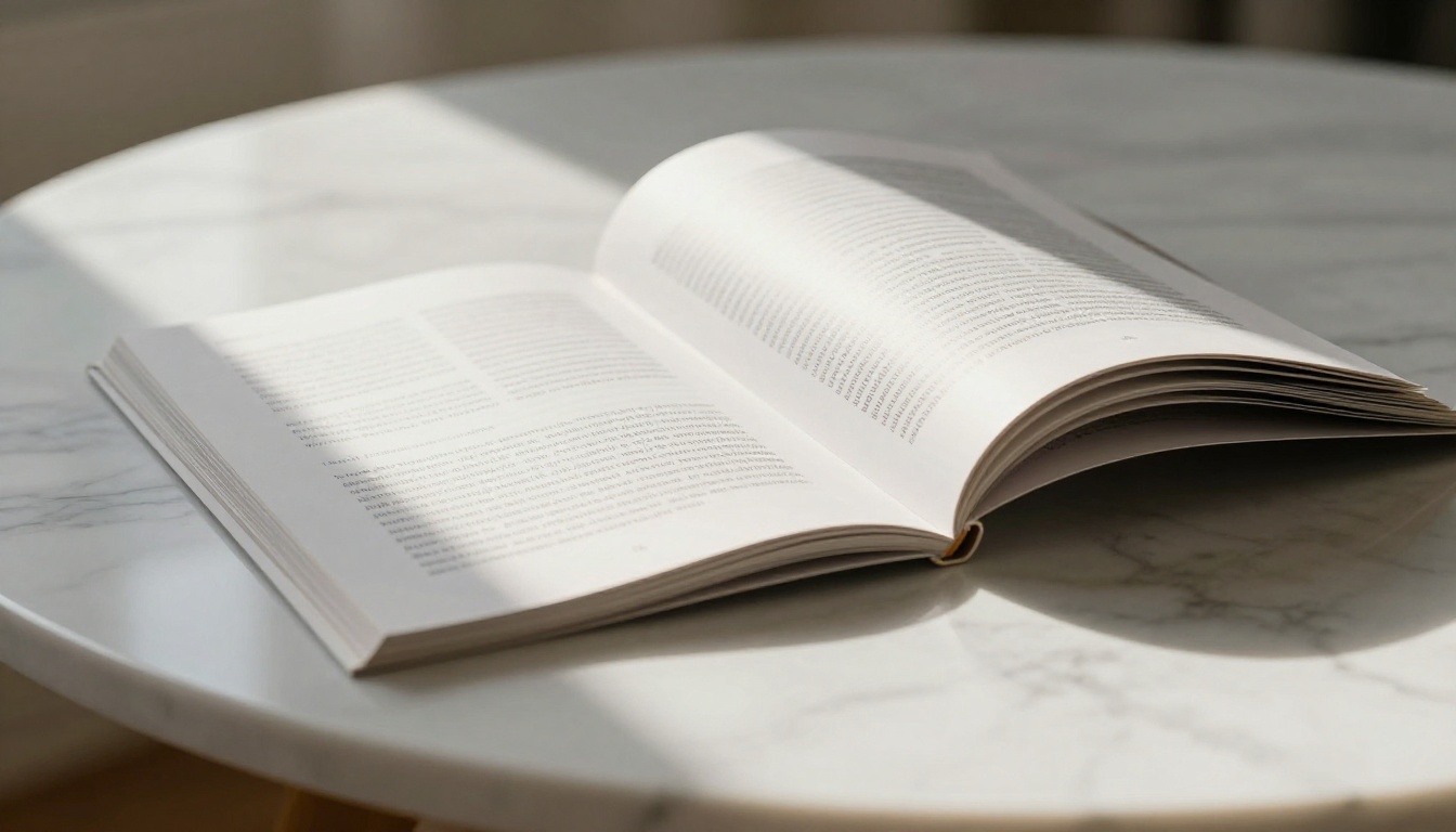 Low-angle shot of magazine-style flipbook open on marble table with pages mid-turn