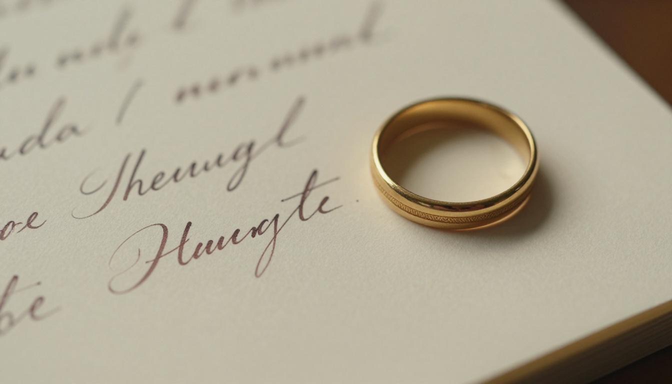 Close-up of handwritten wedding vows with a gold ring on aged cream paper