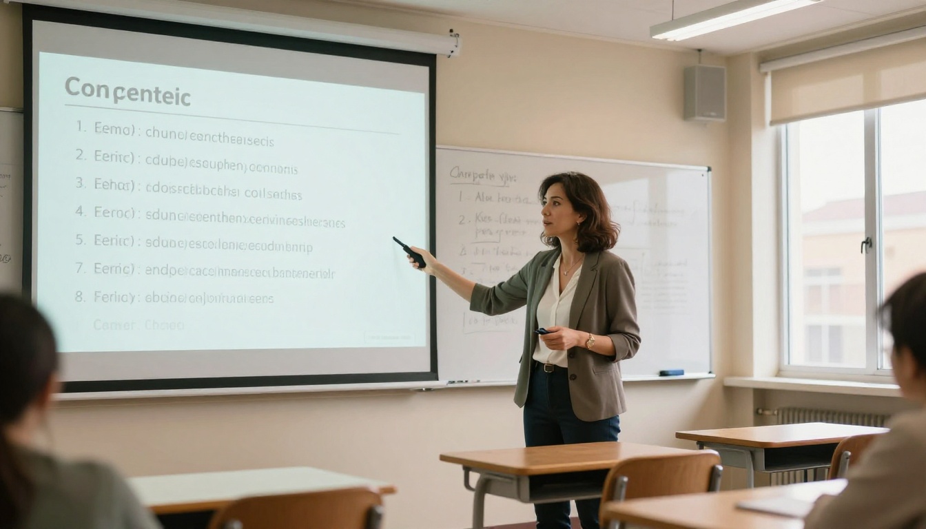 Teacher in classroom pointing to digital educational flipbook on projection screen Teacher in classroom pointing to digital educational flipbook on projection screen