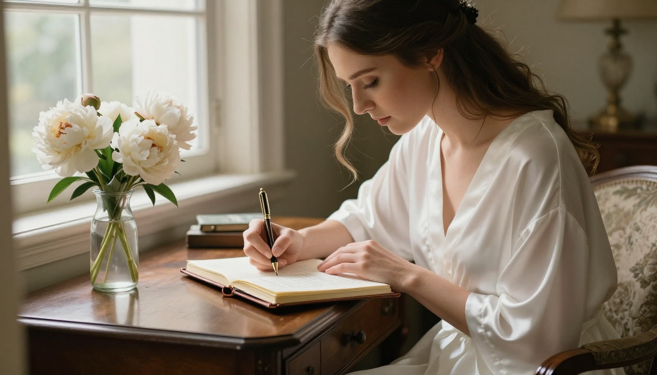 Bride carefully handwriting wedding vows at a sunlit wooden desk
