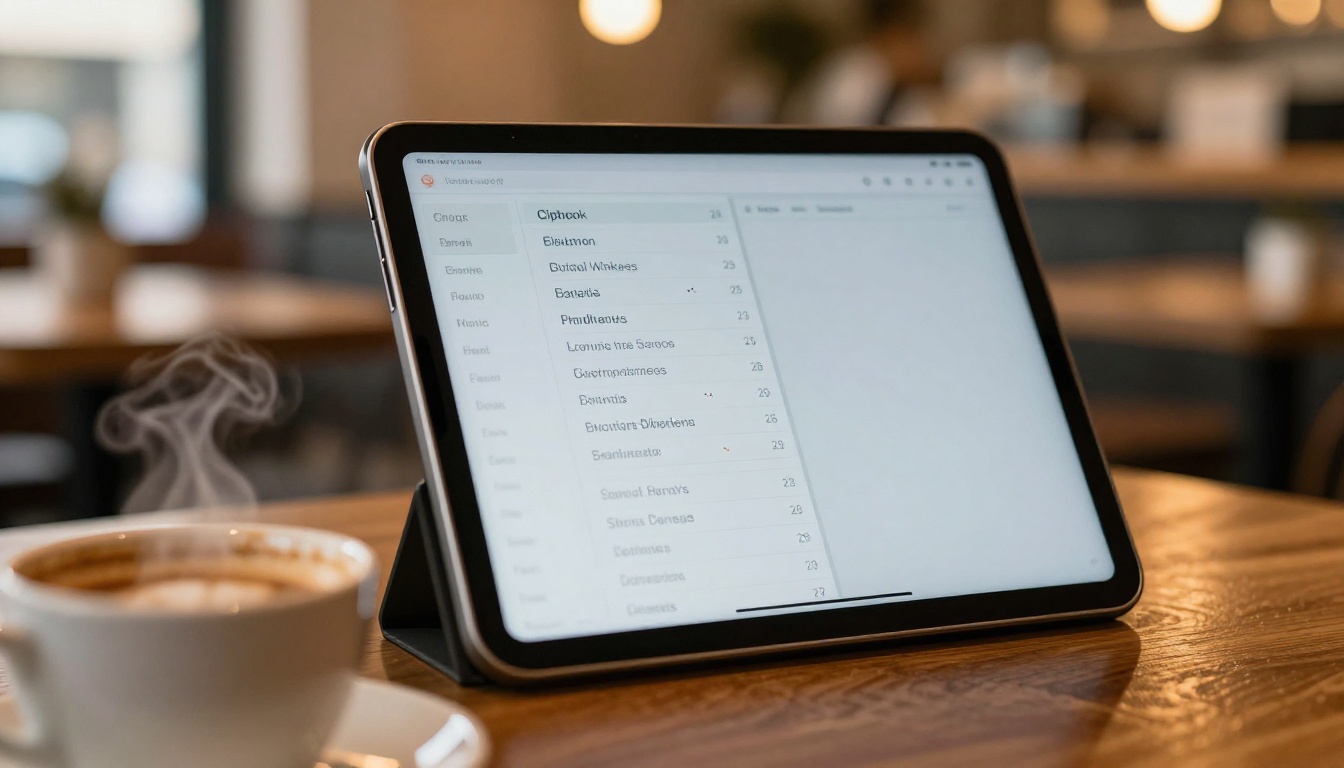 Macro close-up of tablet navigation sidebar in cozy cafe setting