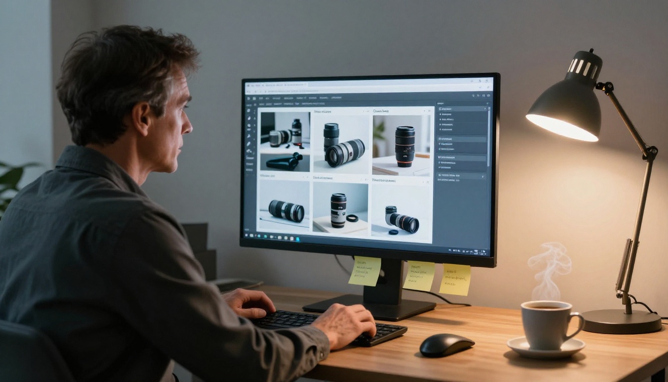 Businessman in profile reviewing product catalog flipbook on office monitor Businessman in profile reviewing product catalog flipbook on office monitor