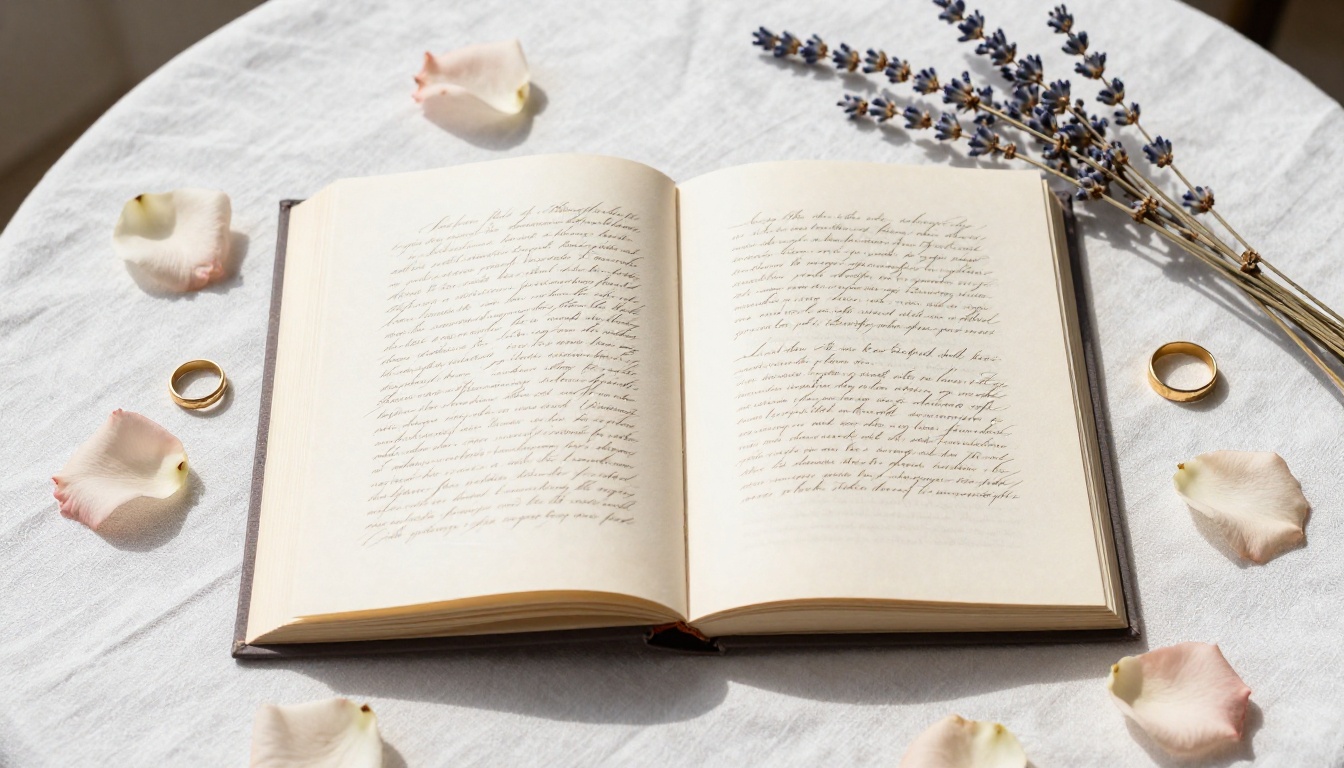 Aerial flat-lay of an open flipbook surrounded by rose petals and a vintage wedding ring
